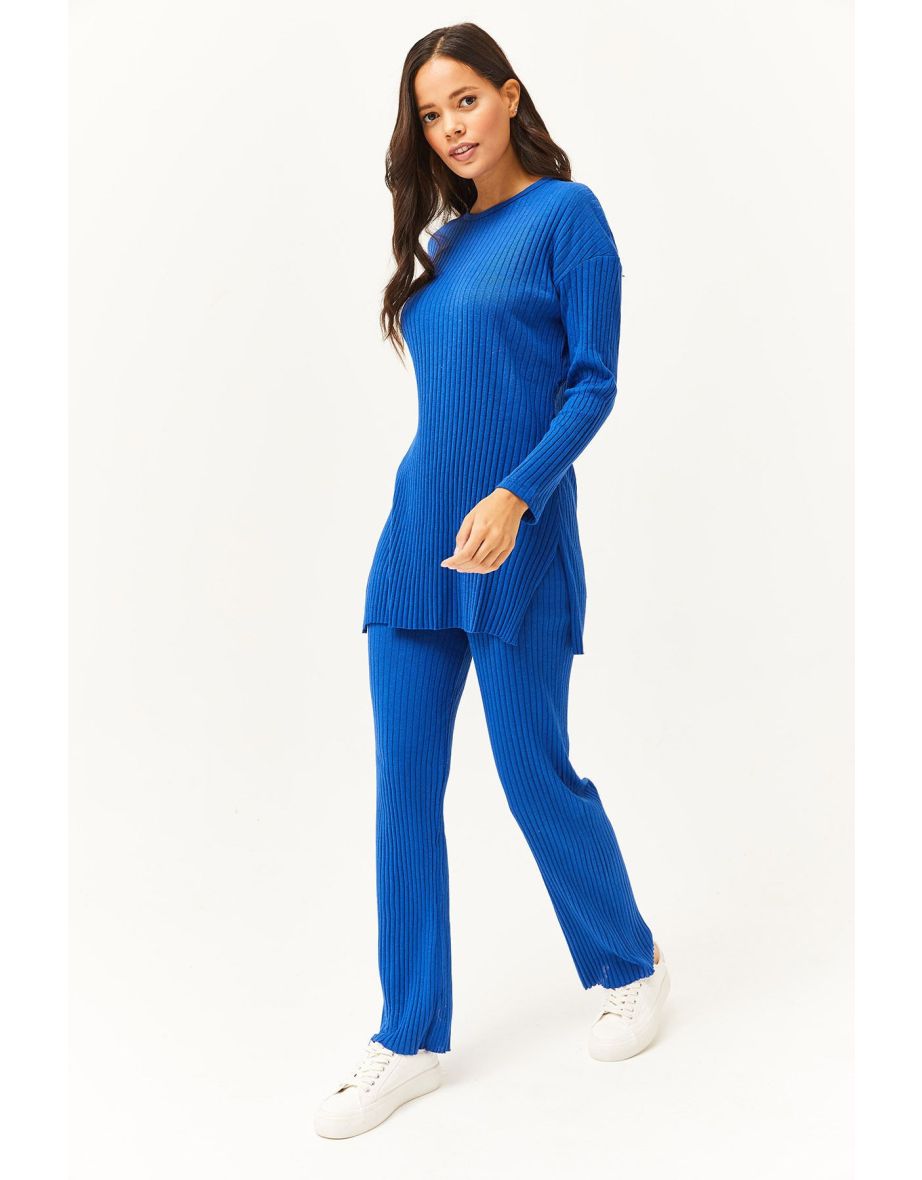 Women's Saxe Blue Top Slit Blouse Bottom Palazzo Ribbed Suit - 4