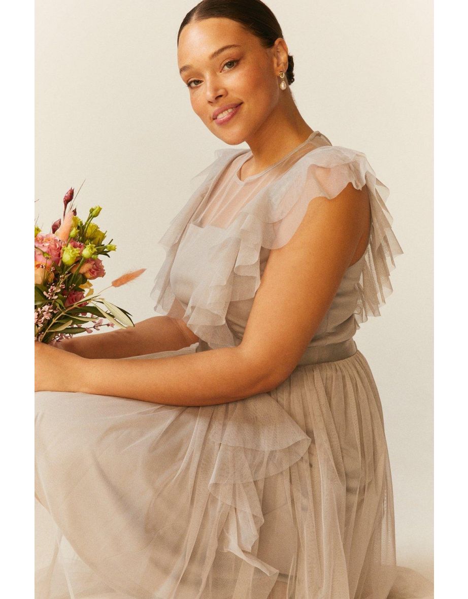 Curve Shoulder Ruffle Mesh Pleated Midi Dress - 2