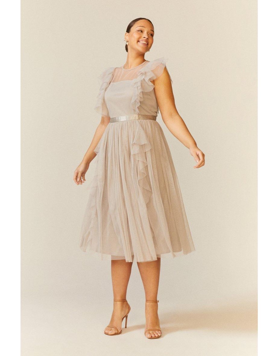 Curve Shoulder Ruffle Mesh Pleated Midi Dress
