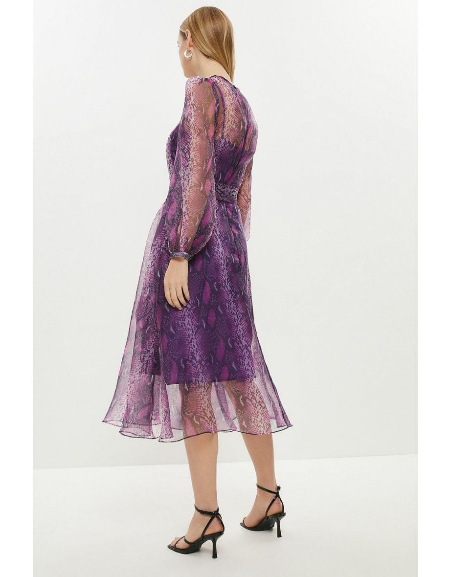 Printed Long Sleeve Organza Midi Dress - 2