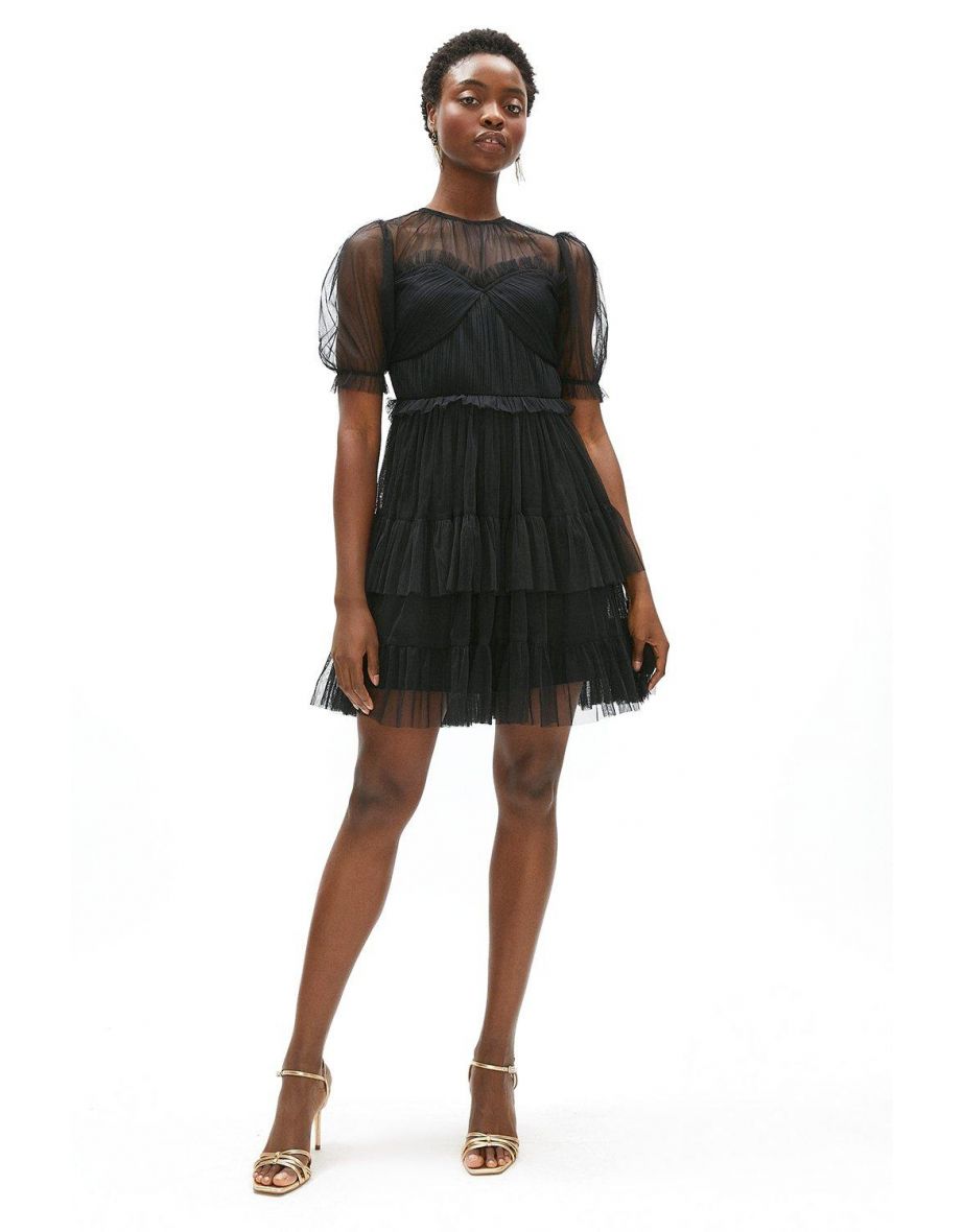 Puff Sleeve Tulle Tiered Mini Dress