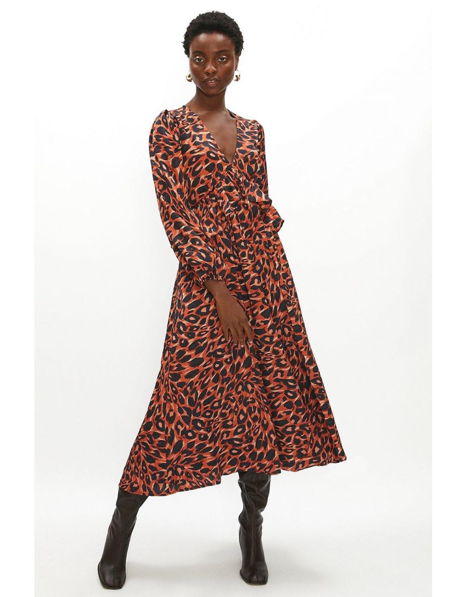 V Neck Long Sleeve Printed Midi Dress