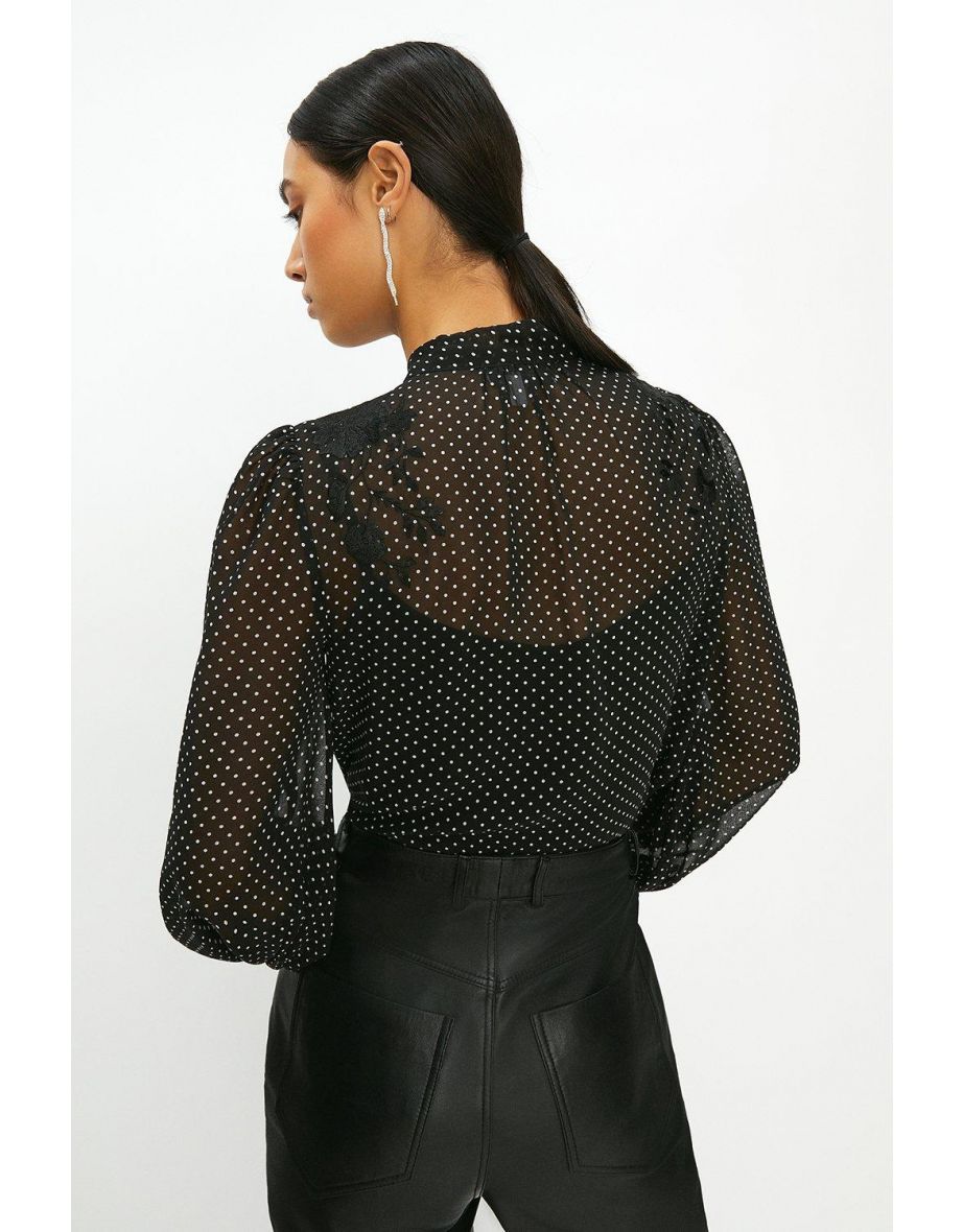 Embroidered Spot Bow Blouse - 2