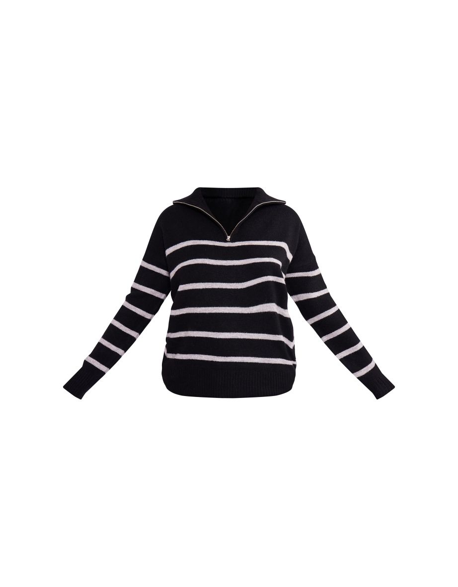 Plus Black Knitted Slouchy Striped Half Zip Jumper - 4