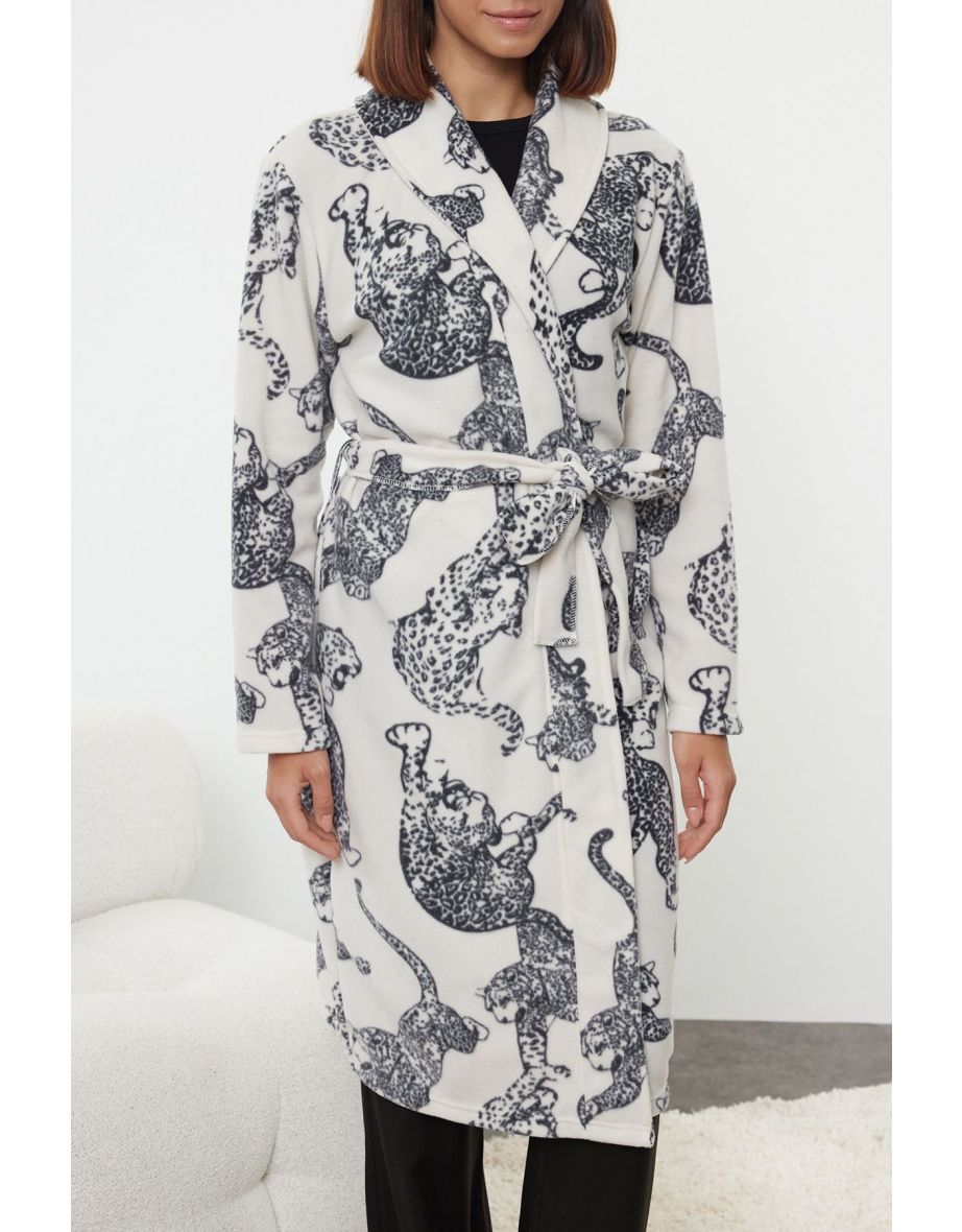 Multicolor 100% Polyester Printed Fleece Knitted Dressing Gown - 4