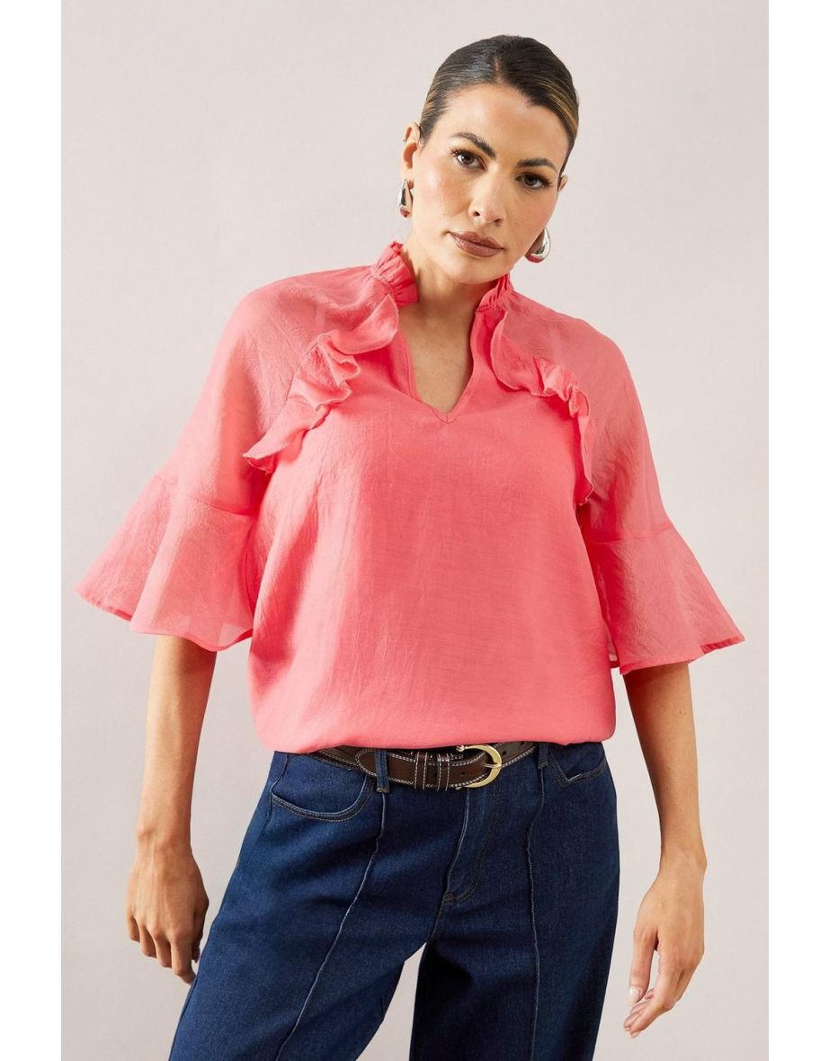 Organza Ruffle ¾ Sleeve Blouse