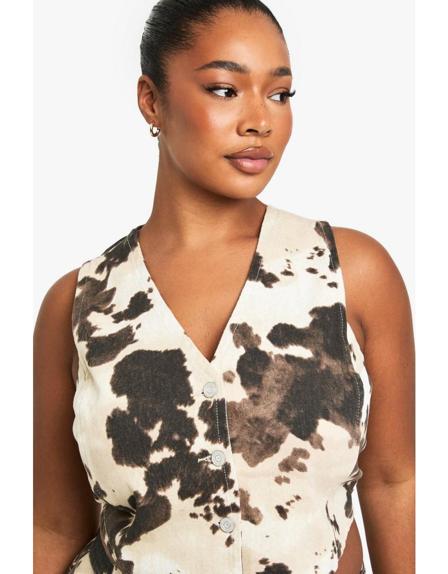 Plus Cow Print Button Up Waistcoat - brown - 3