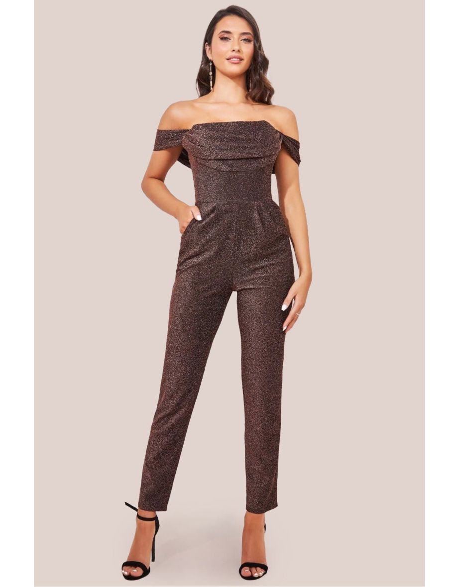 Goddiva Lurex Cowl Neck Jumpsuit - Bronze