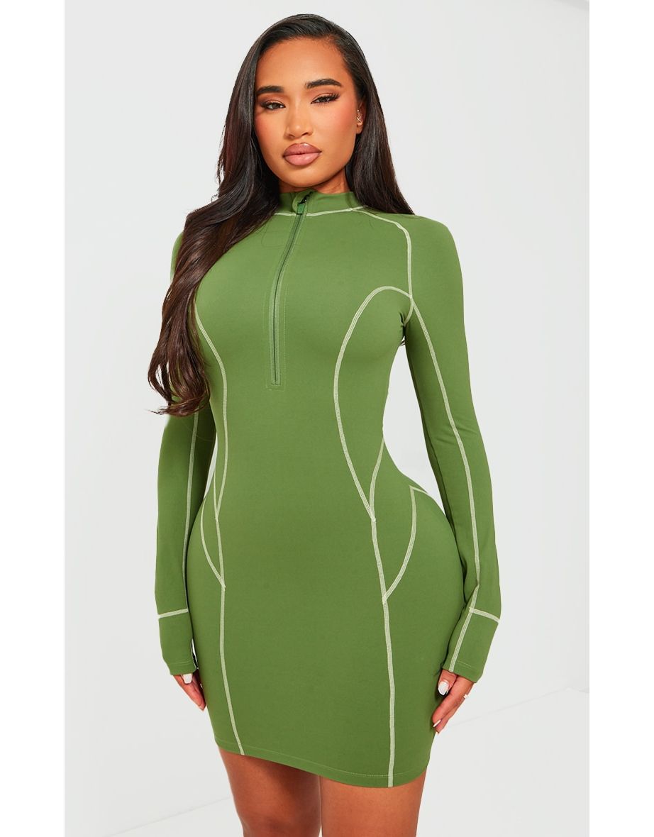 Shape Khaki Soft Seamless Contrast Long Sleeve Bodycon Dress