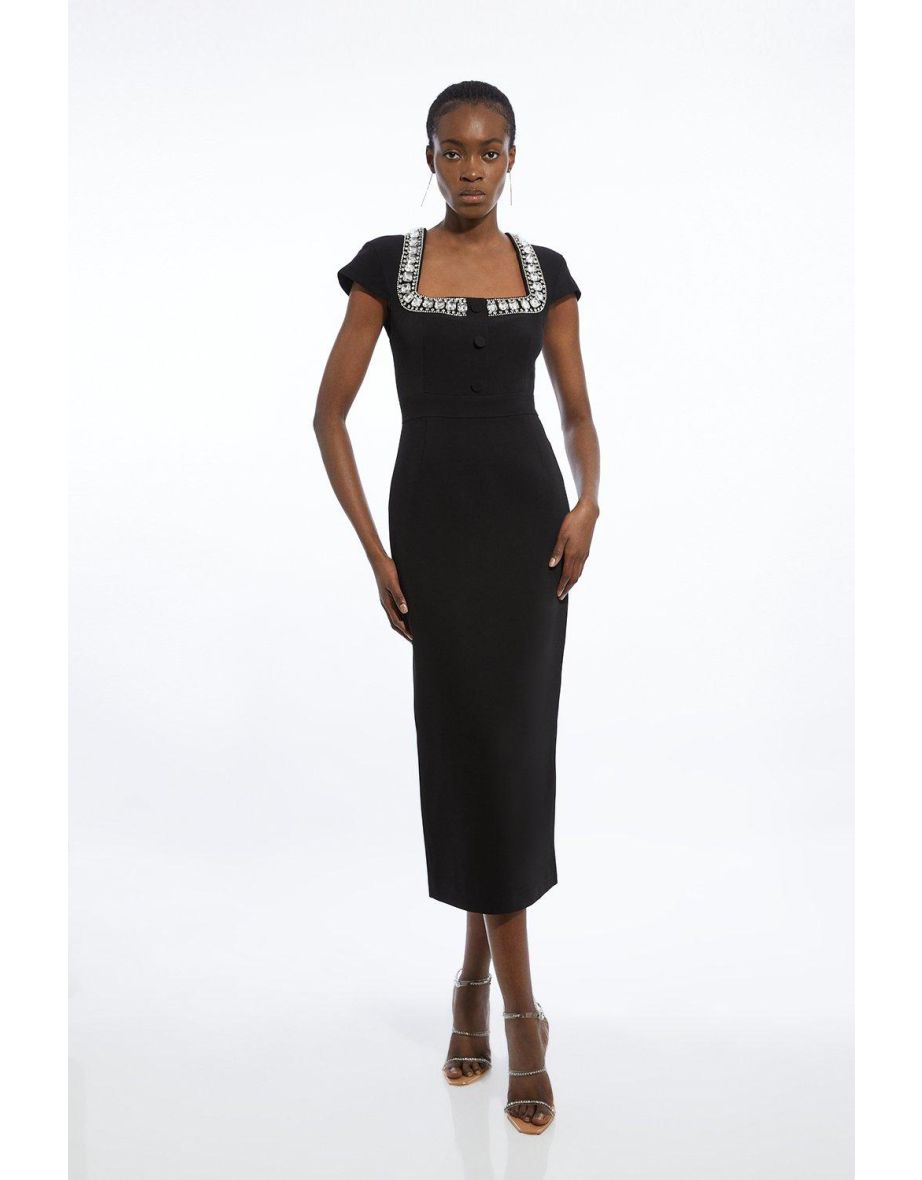 Tailored Compact Viscose Stretch Embellished Cap Sleeve Midi Dress