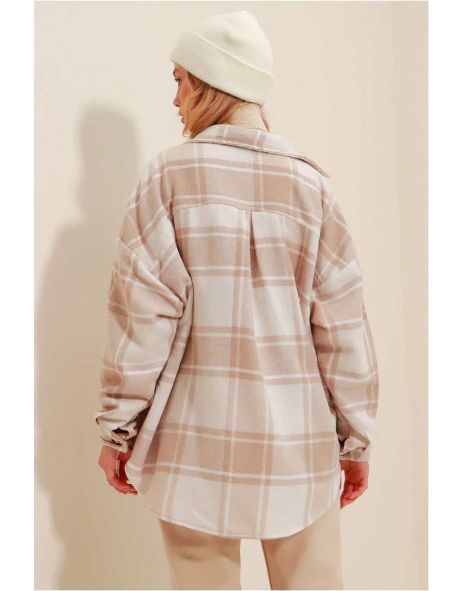 Women's Ecru Beige Checked Patterned Stamped Cotton Oversize Safari Jacket Shirt - 4