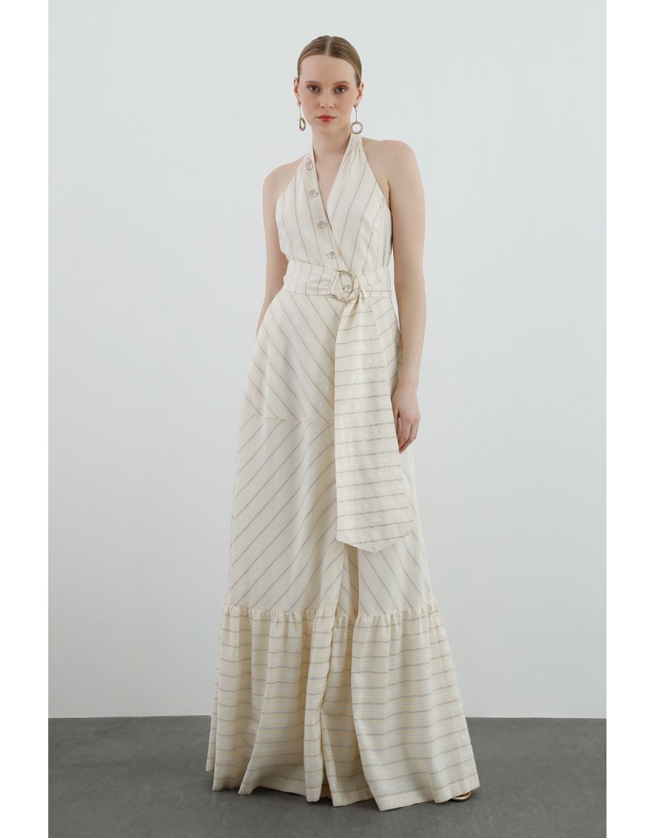 Beige Dress with Back Decolletage and Belt