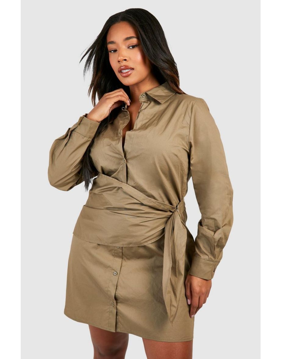 Shop Plus Tie Belt Shirt Dress khaki Online in Oman VogaCloset