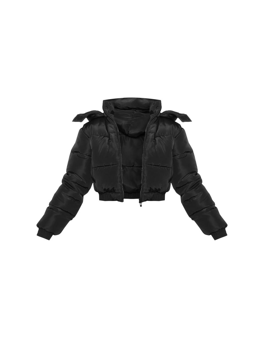 Black Oversized Cropped Hooded Puffer Coat - 4