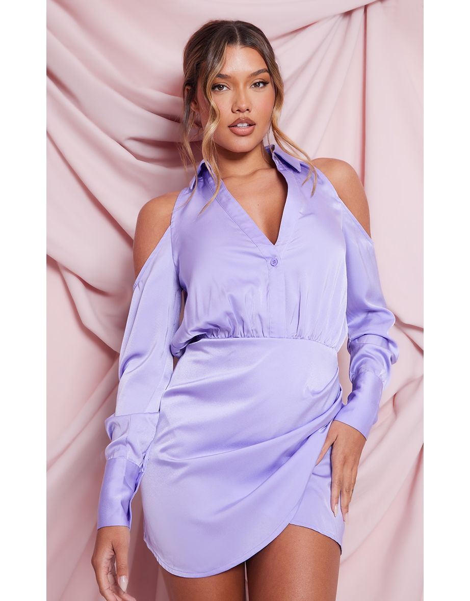 Shop Lilac Cold Shoulder Satin Wrap Shirt Dress Online in Bahrain VogaCloset