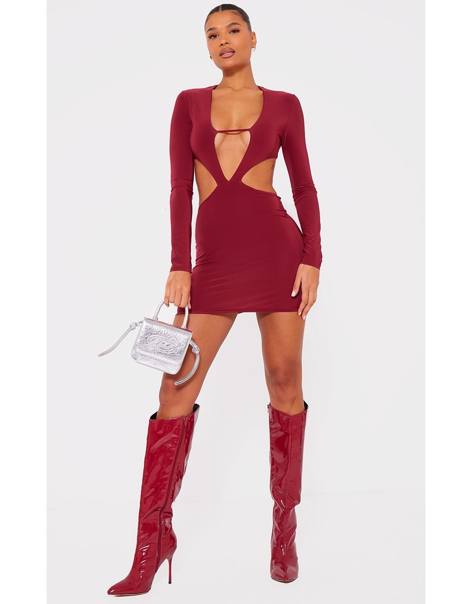 Cherry Red Slinky Cut Out Bust Detail Long Sleeve Bodycon Dress