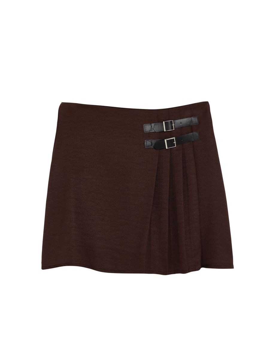 Dark Brown Buckle Detailed Pleated Mini Woven Skirt - 6