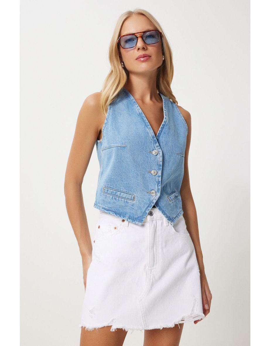 Women's Light Blue V Neck Crop Denim Vest