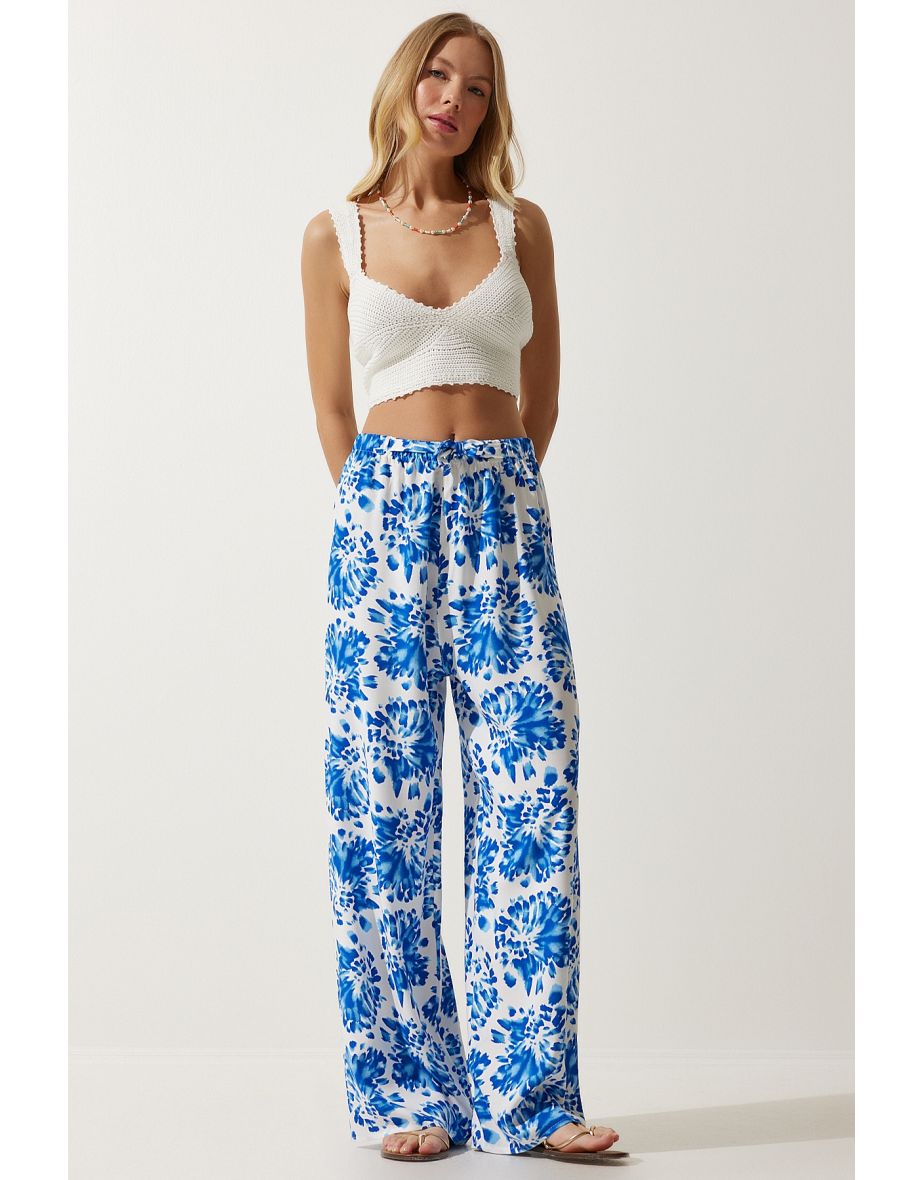 Women Ecru Blue High Waist Summer Wide Viscose Trousers