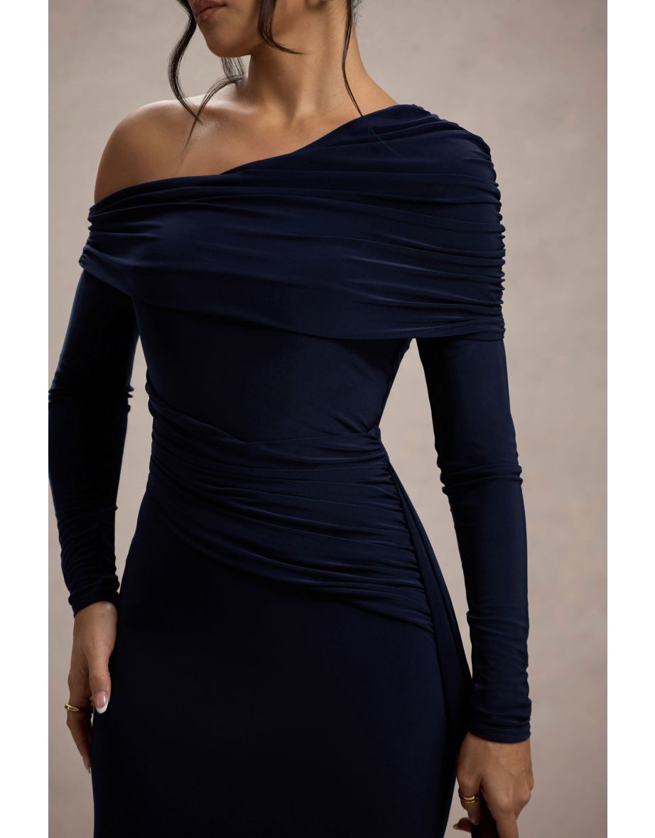 Valina | Navy Ruched Asymmetric Maxi Dress With Drape - 6