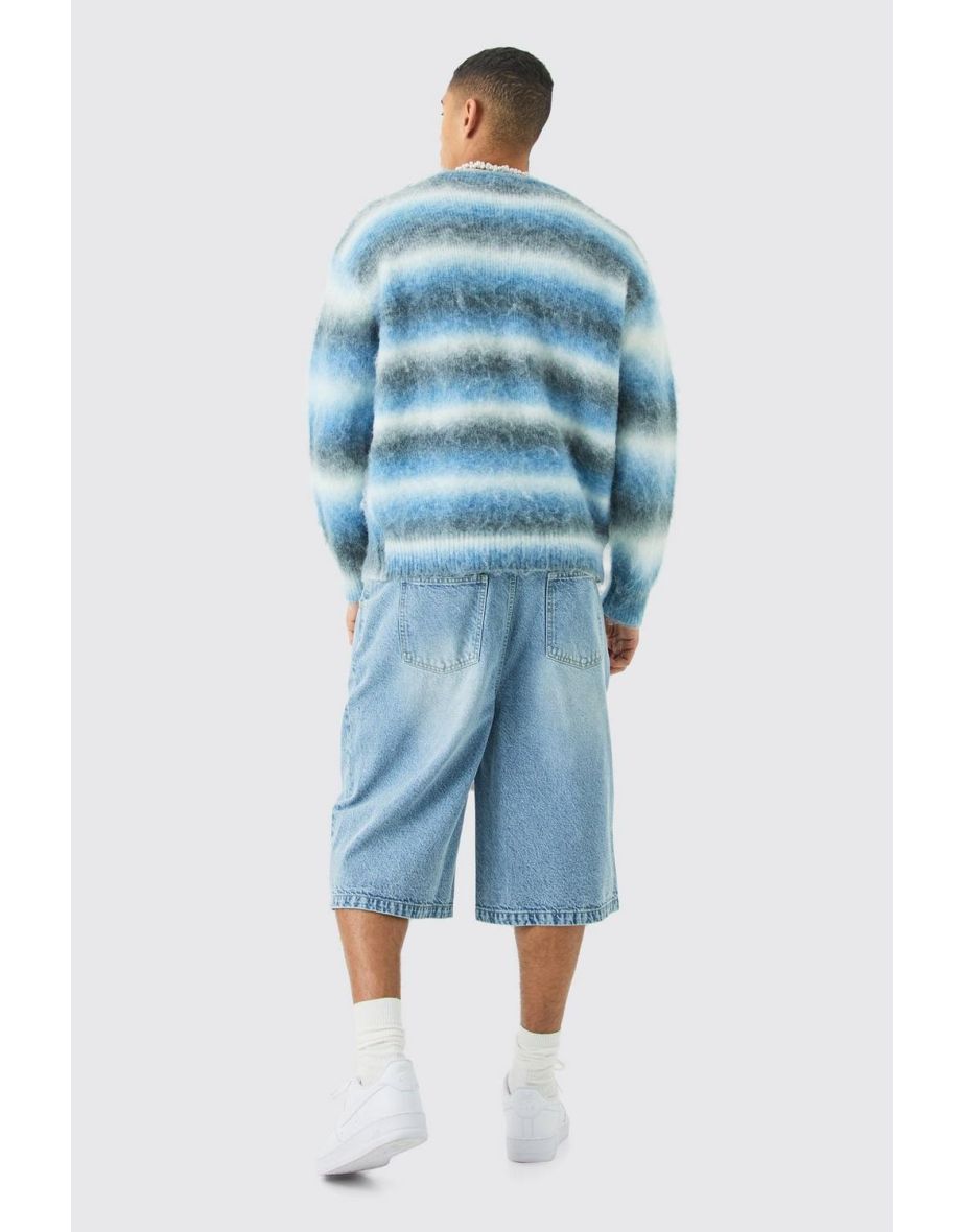 Shop Boxy Fit Knitted Brushed Stripe Cardigan In Blue - blue Shop Boxy Fit Knitted Brushed Stripe Cardigan In Blue - blue