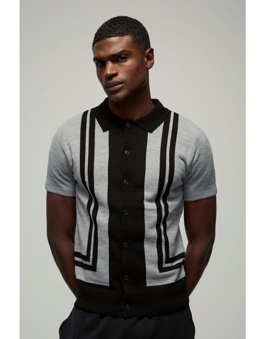 Regular Fit Border Stripes Colour Block Knitted Polo - black