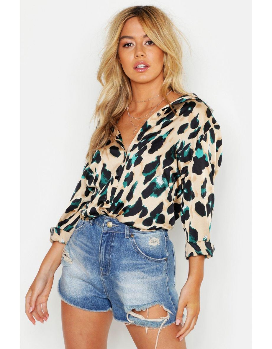 Petite Satin Leopard Print Shirt - stone - 3