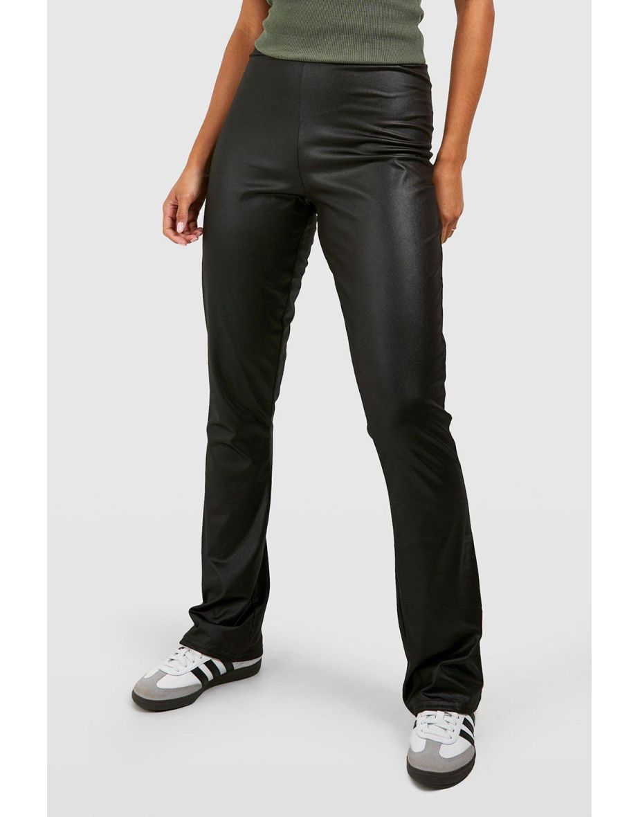 Waist Cinching Leather Look Flared Leggings - black - 3