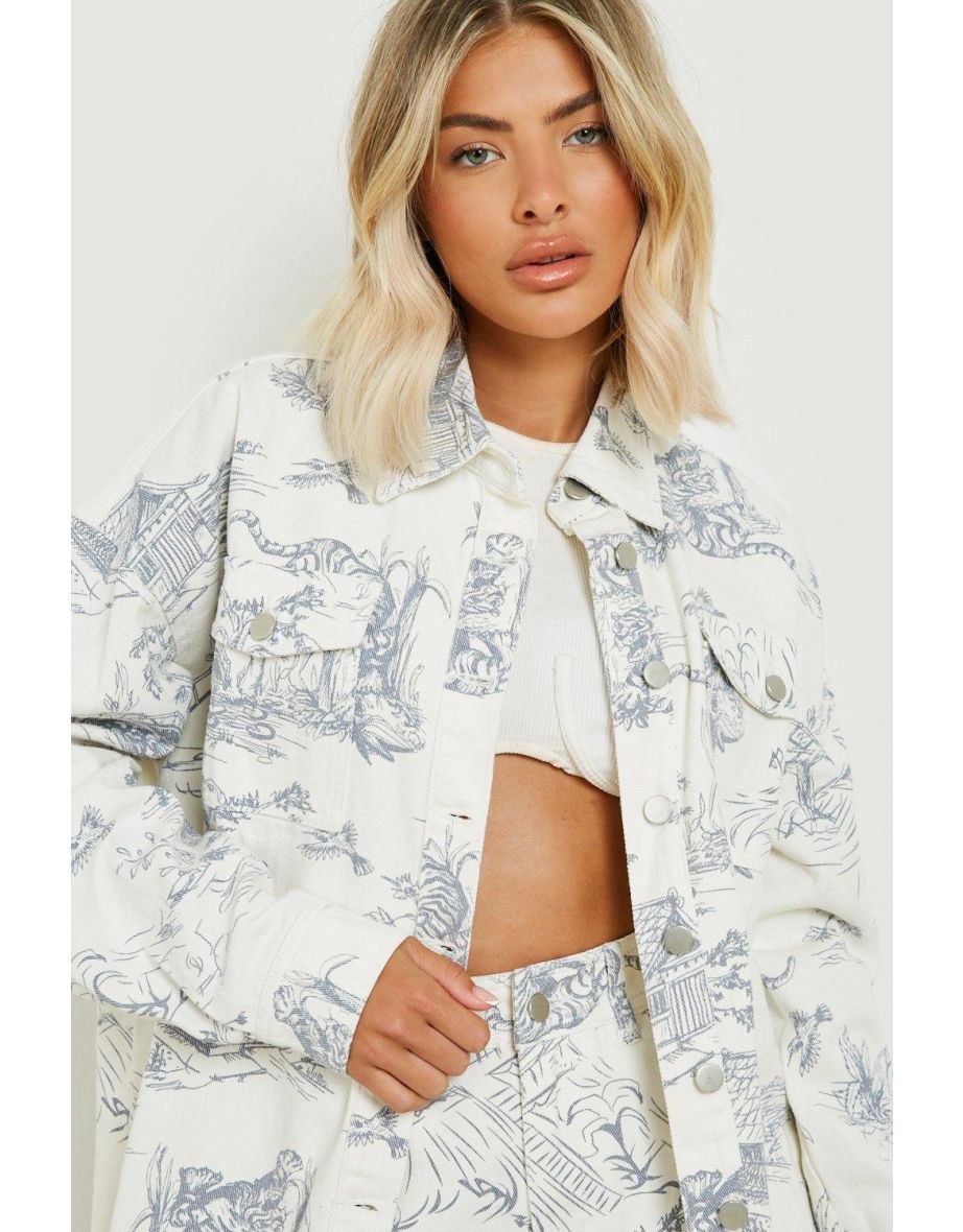 Porcelain Print Ripped Oversized Denim Shirt - ecru - 3