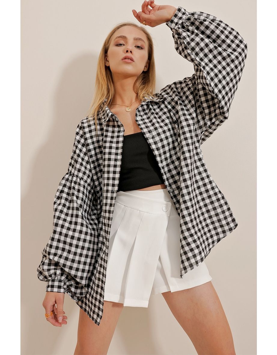 Women's Black Gingham Pattern Oversized Viscose Shirt