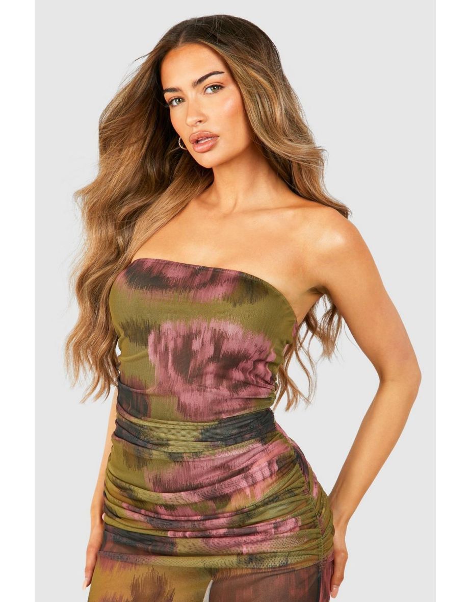 Bandeau Floral Print Ruched Mesh Midaxi Dress - olive - 3