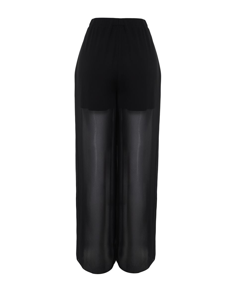 Black Wide Leg Transparent Short Shorts Lined Woven Trousers - 7