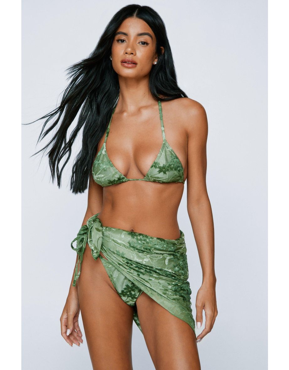 Devore Tie Side Triangle Bikini And Headscarf 3 Pc Set