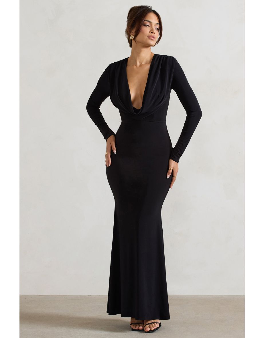 Heavy Heart | Black Cowl-Neck Long-Sleeve Maxi Dress - 4