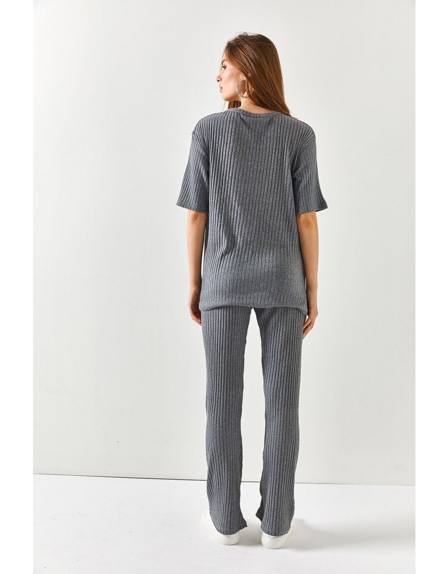 Women's Anthracite Top V-neck Bottom Palazzo Corduroy Suit - 6