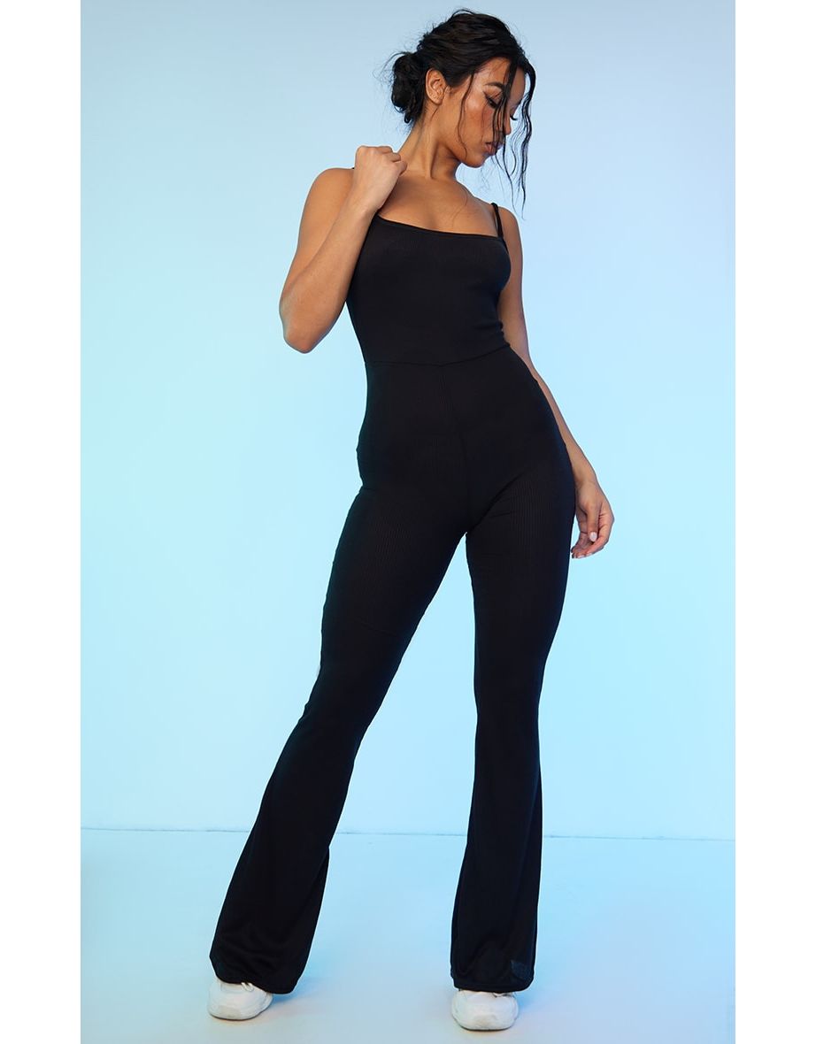 Shop Black Ribbed Strappy Square Neck Flared Jumpsuit Online in Saudi Arabia VogaCloset