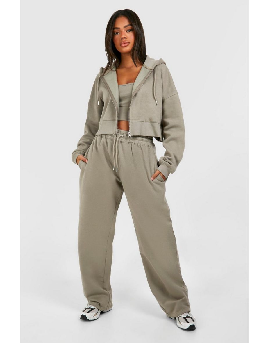 Deep Hem Crop Top 3 Piece Hooded Tracksuit - washed khaki