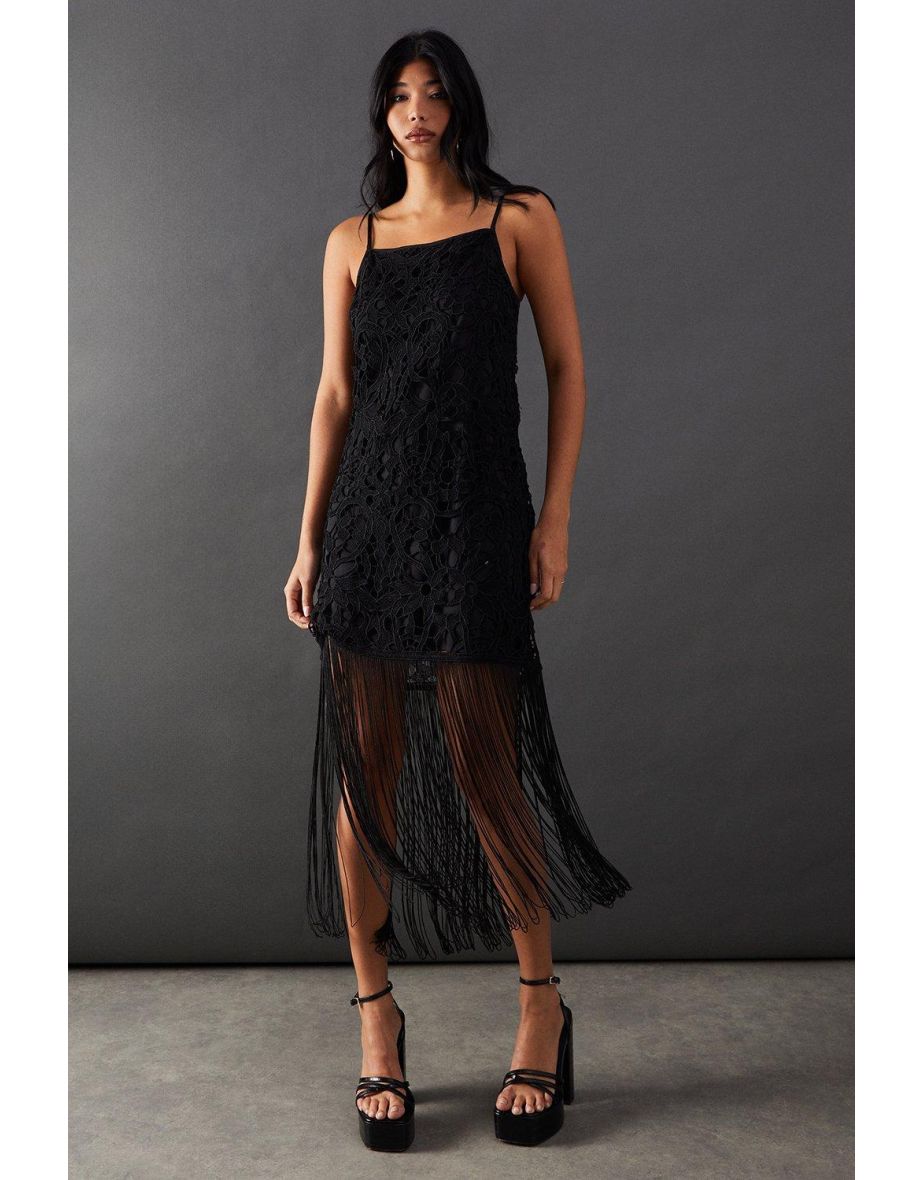 Corded Lace Strappy Fringe Hem Mini Dress