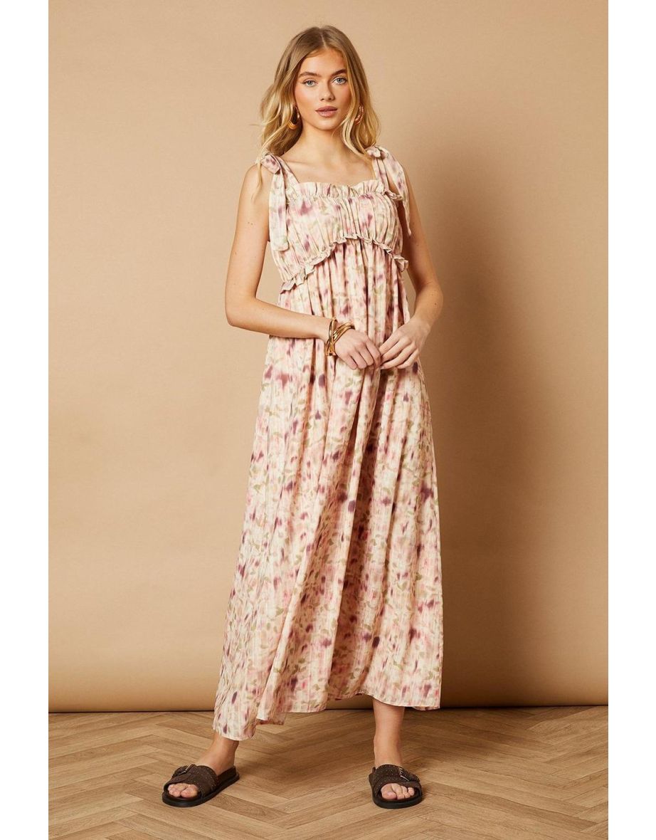 Printed Shirred Back Strappy Midi Dress