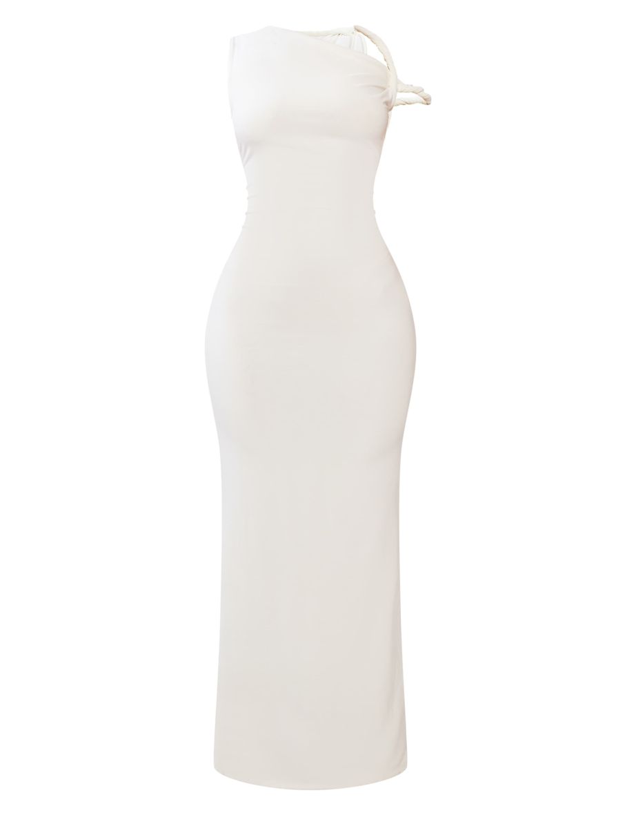 Petite Cream Slinky Twist Shoulder Floor Length Dress - 4