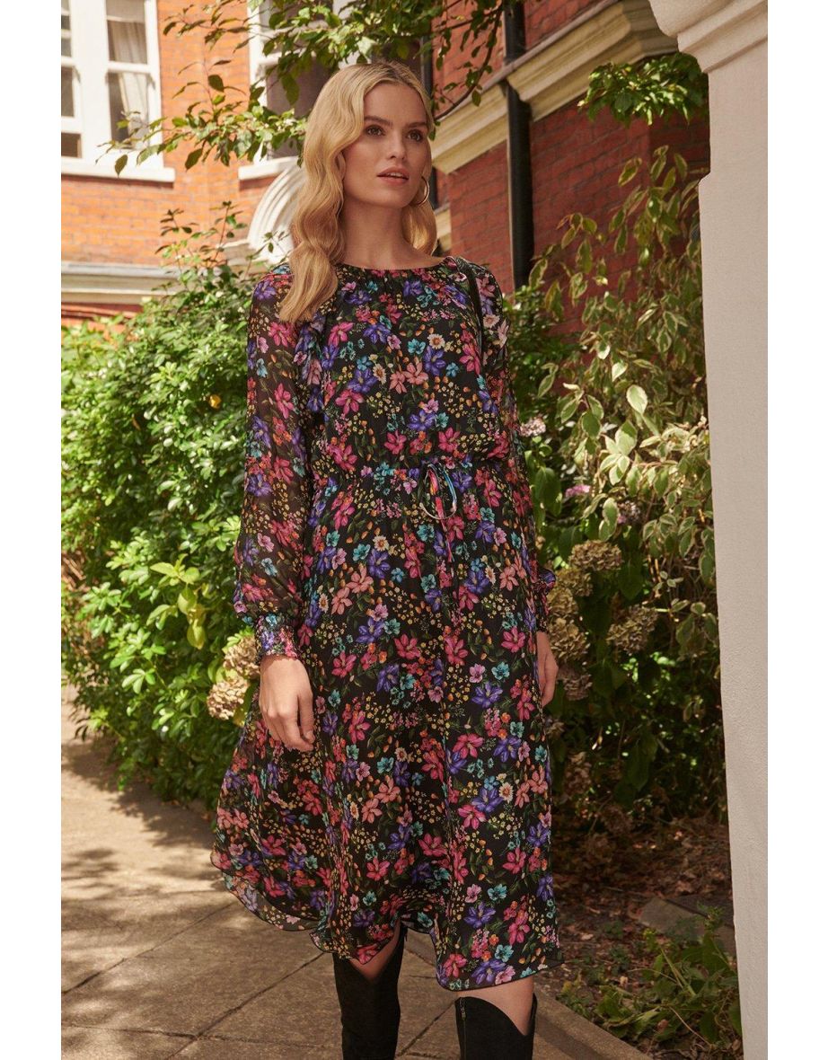 Petite Ditsy Floral Silk Mix Ruffle Midi Dres