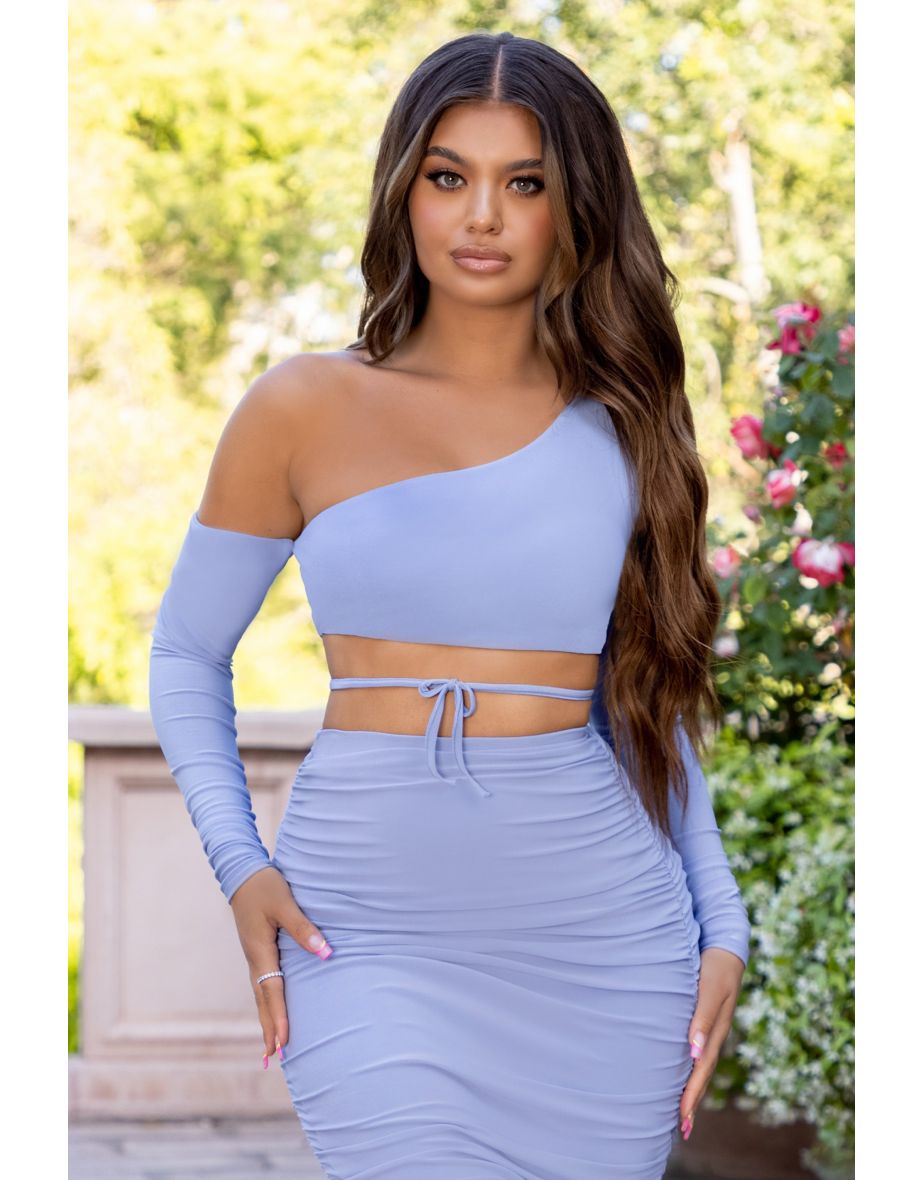 Blue Off The Shoulder Asymmetrical Crop Top