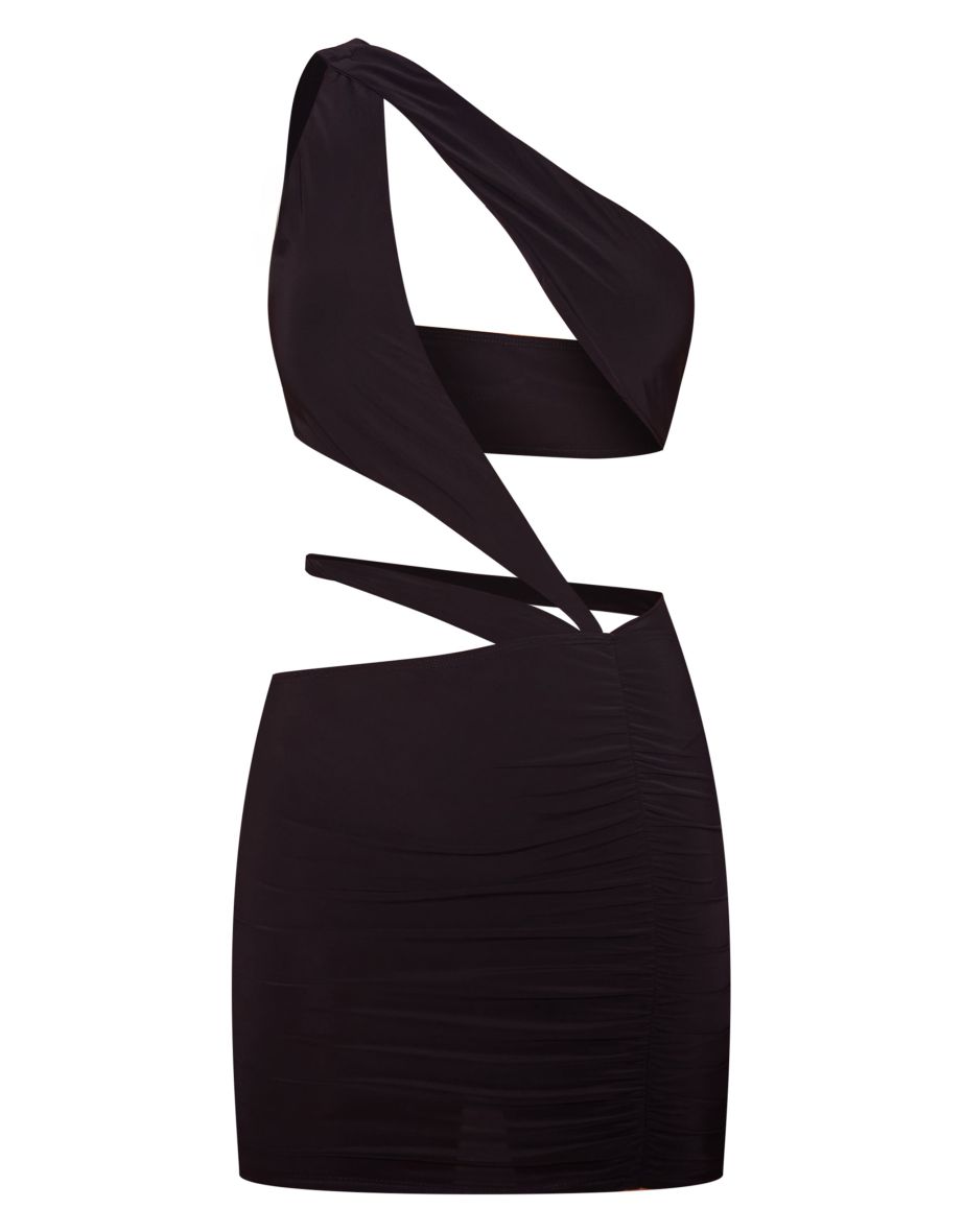 Black Slinky One Shoulder Cut Out Low Waist Bodycon Dress - 4