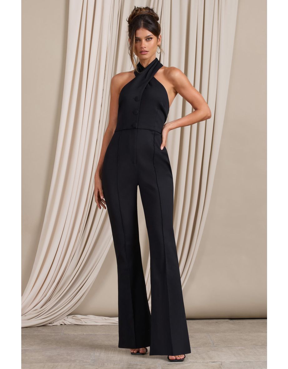 Don't Cross Me | Black Halter Neck Tailored Buttoned Sleeveless Jumpsuit - 3