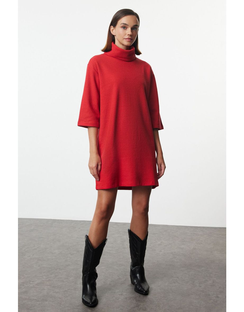 Red Turtleneck Shift/Straight Mini Thessaloniki Long Sleeve Knitted Dress