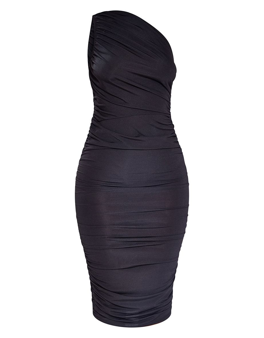 Petite Black Slinky Ruched One Shoulder Longline Midi Dr - 4