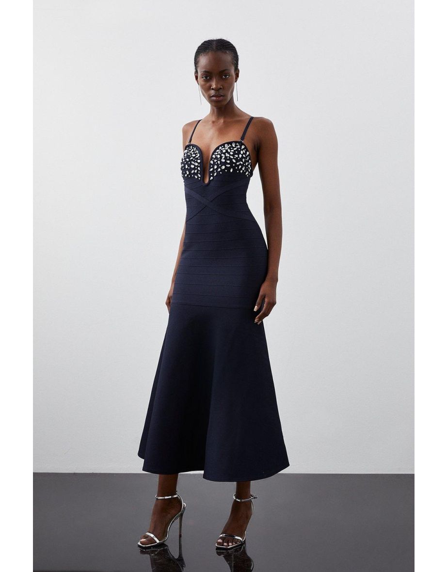 Figure Form Bandage Embellished Fishtail Knit Maxi Dress