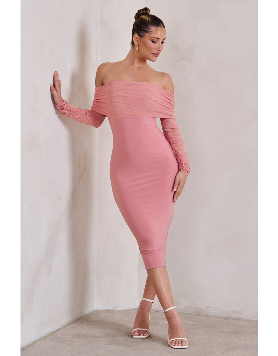 Only You | Powder Pink Ruched Mesh Bardot Midi Dress