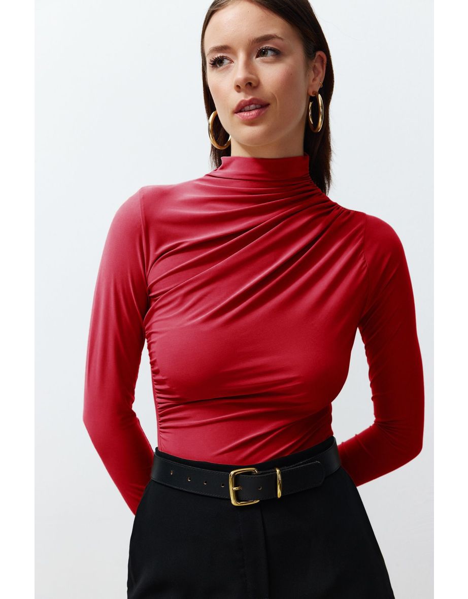 Red Gathered Square Neck Body-Smoothing Flexible Knitted Blouse