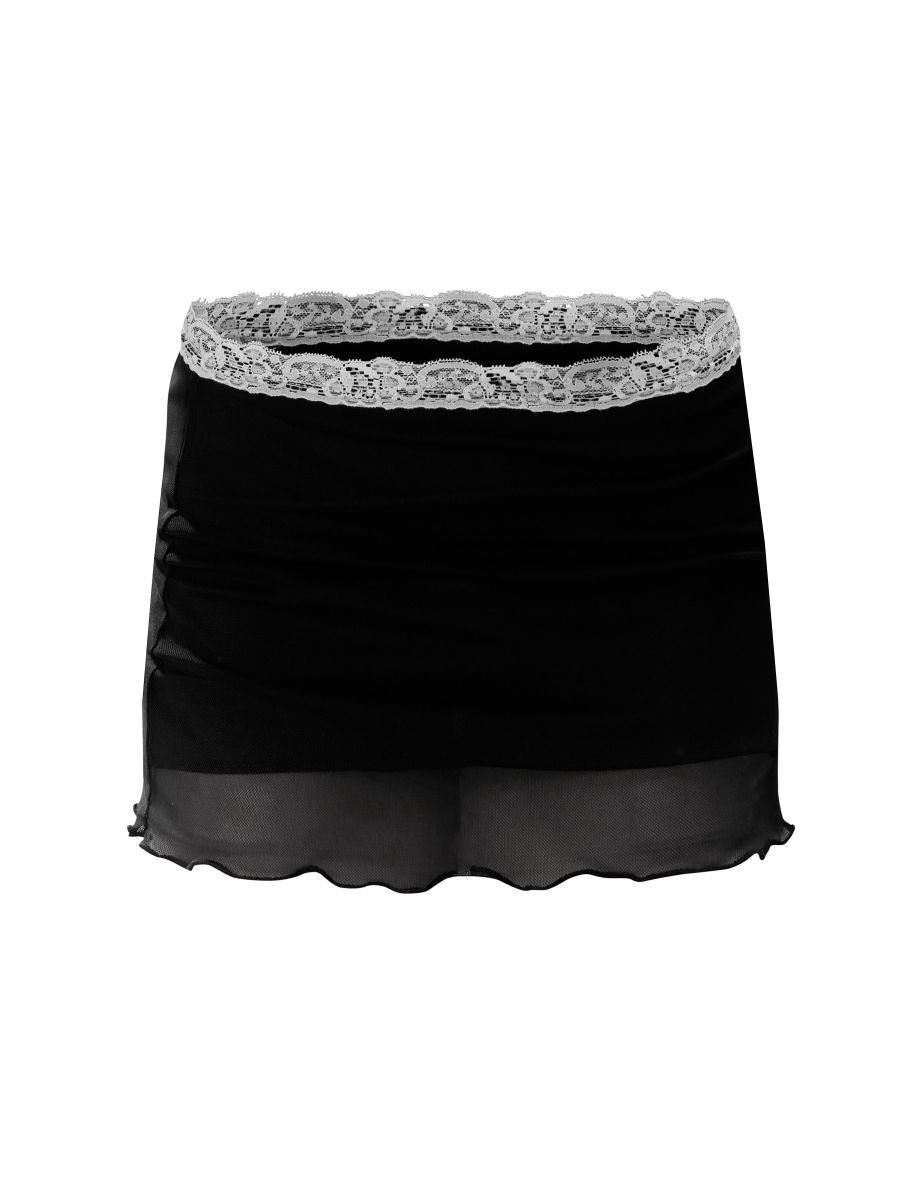 Black Sheer Mesh Lace Trim Low Rise Micro Mini Skirt - 3
